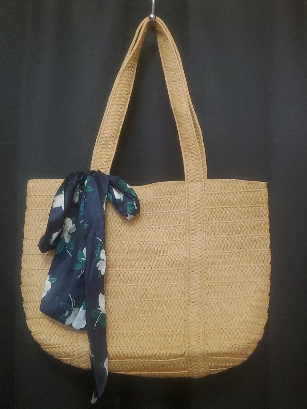 Draper James Woven Straw Tote Bag in Natural with Navy Floral Scarf